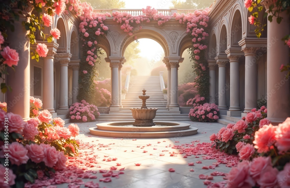 Fototapeta premium Elegant stone courtyard with blooming pink roses and a tiered fountain. Arched colonnade leads to sunlit stairs. Petals scatter on patio floor.