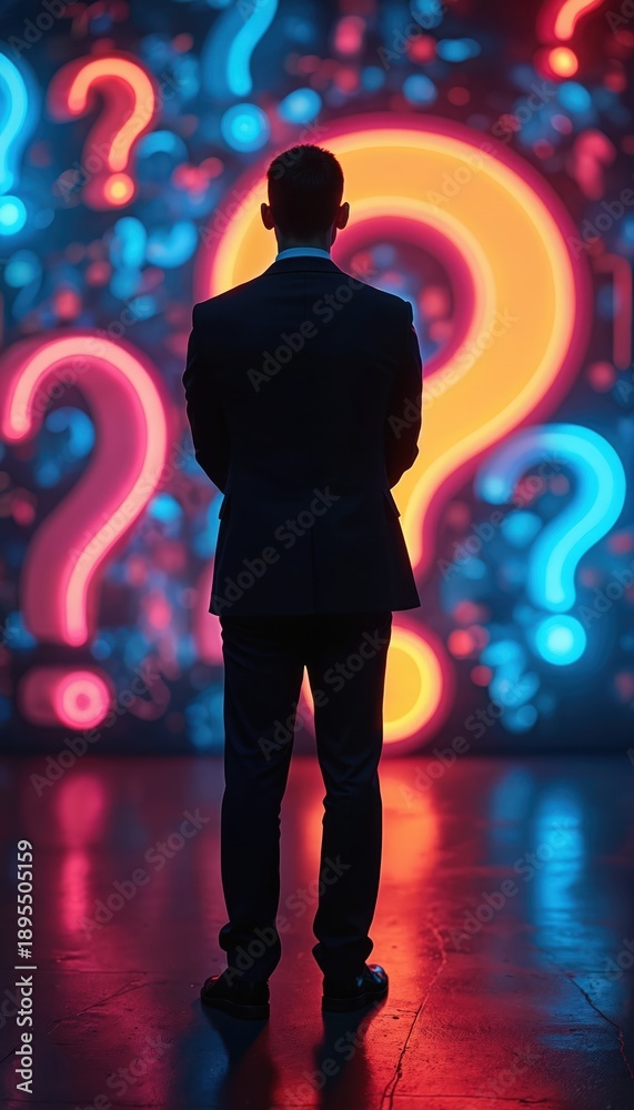 Fototapeta premium Man in dark suit stands before wall with glowing neon question marks. He looks forward, arms crossed, lost in thought. Modern urban scene with vibrant lights.
