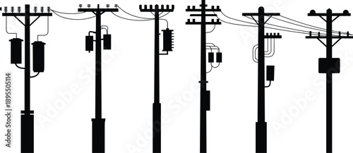 A showcasing a variety of black silhouette utility poles equipped with transformers, insulators, and wiring against a clean white background symbolizing electrical distribution systems