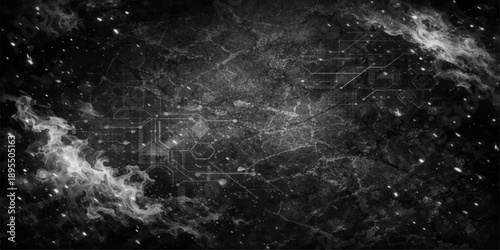 A dark grunge art backdrop featuring water drops and splashes on a black background with smoke, dust, and star patterns for a textured night sky design