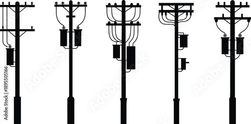 A representation of five distinct black silhouette utility poles featuring transformers, insulators, and intricate wiring arrangements against a white background illustrating electrical