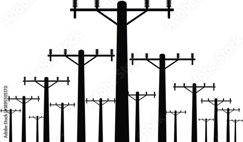 A silhouette of numerous utility poles of varying heights against a clean white background creating a modern and abstract visual composition