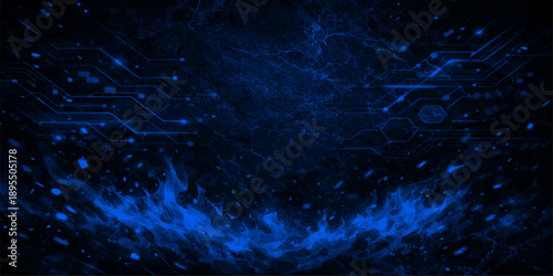 An abstract blue fiber optics background glowing with bright light spots creates a cosmic nebula effect resembling a starry galaxy in the deep outer space of a dark fantasy universe
