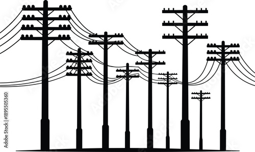 Silhouette of multiple utility poles with electrical wires stretching across a white background creating a representation of infrastructure and connectivity