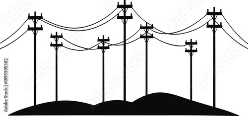 Silhouette of utility poles with power lines against a stylized hilly landscape in black and white