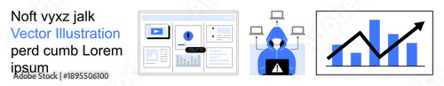 Data visualization, corporate growth, cybersecurity, business analytics, information security, digital strategy. Charts, hacker upward graph. Data visualization and corporate growth concept