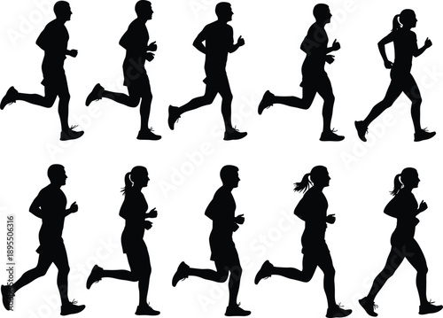 Silhouettes of people running in varied stride postures across two rows showing athletic motion and body diversity
