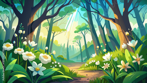 Very beautiful spring forest scene with white flowers and blooming primroses glowing in soft sunlight, surrounded by fresh green foliage, expressing life, growth, and the vibrant energy of nature.