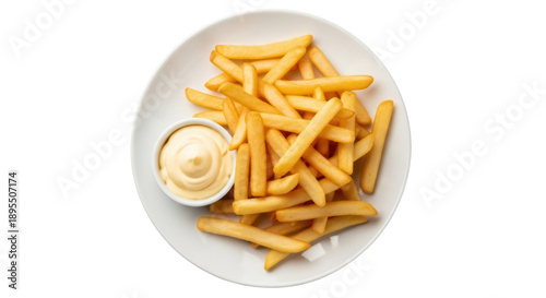 Cuadro en lienzo Golden french fries with mayonnaise isolated PNG, crispy potato sticks on a plat