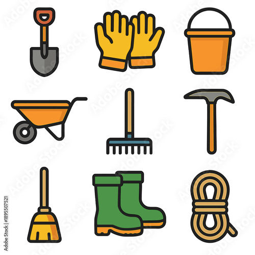 Colorful gardening tools icons: shovel, gloves, bucket, and more