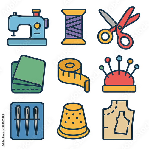 Colorful sewing icons: tools and patterns creativity set for craft enthusiasts