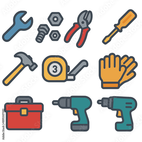 Colorful tools: wrench, pliers, screws, gloves, and drill icons set