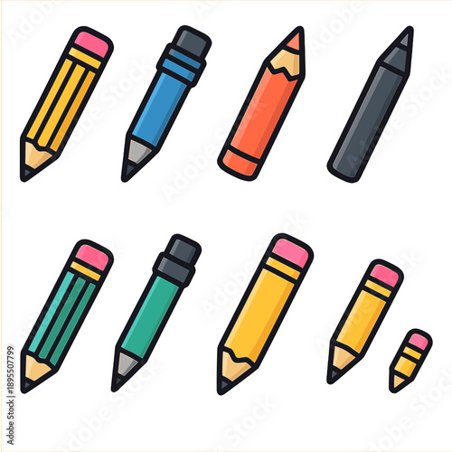 Colorful cartoon pencils in various sizes and styles on gradient background