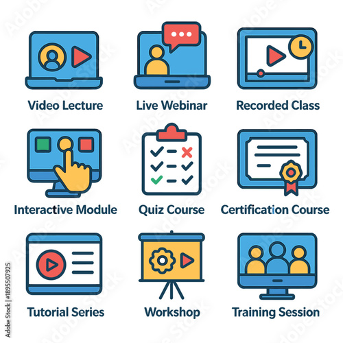 Online learning icons: video lecture, webinar, course, certification