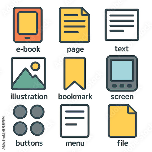 Digital e-book icons set with text and page graphics for apps and design