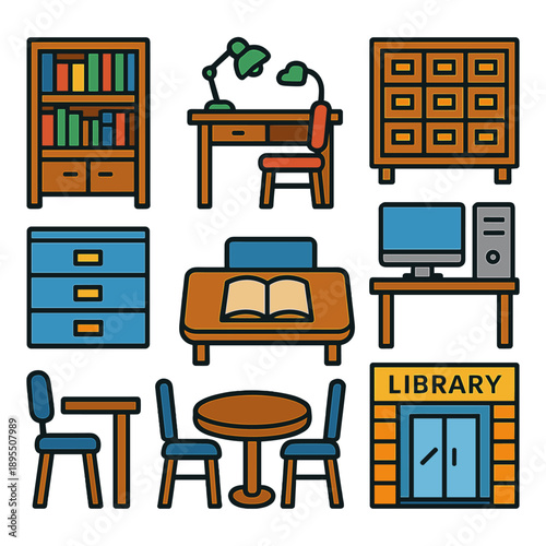 Library and furniture icons featuring bookshelves and desks in minimalist style