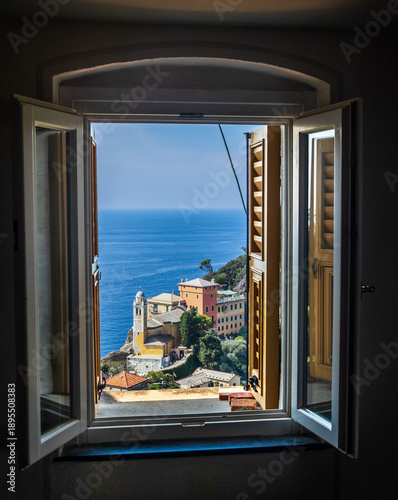 View through the window of the coast od Portofino, popular tourist destination in Italy