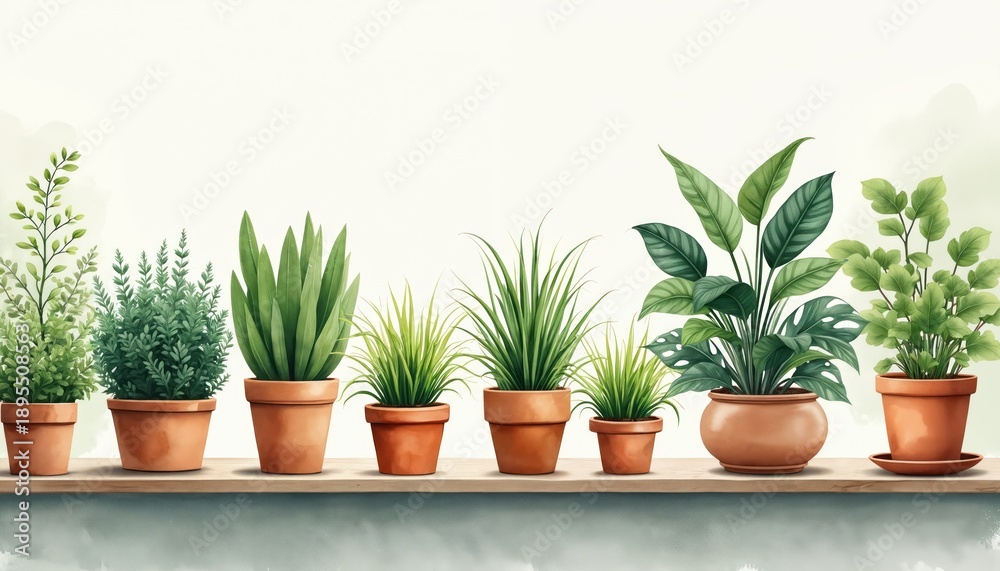 Fototapeta premium Various green houseplants in terra cotta pots displayed on a wooden shelf. Plants show diverse leaf shapes and growth habits, suggesting indoor gardening and home decor.