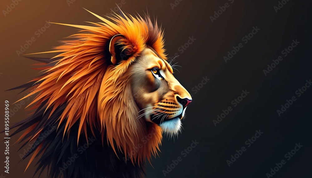 Fototapeta premium Majestic lion portrait in vivid colors. Fiery mane and intense gaze on dark background. African big cat rendered in sharp detail, graphic style, powerful presence, wild spirit.