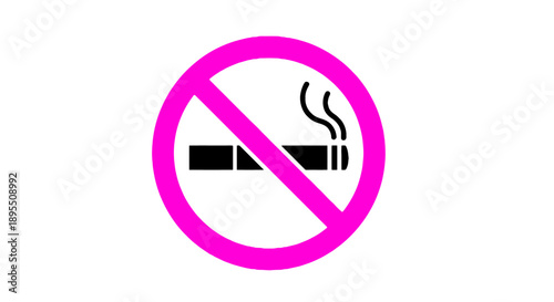 A bright pink prohibition sign featuring a black cigarette icon with smoke, indicating no smoking allowed, viewed directly on a crisp white background