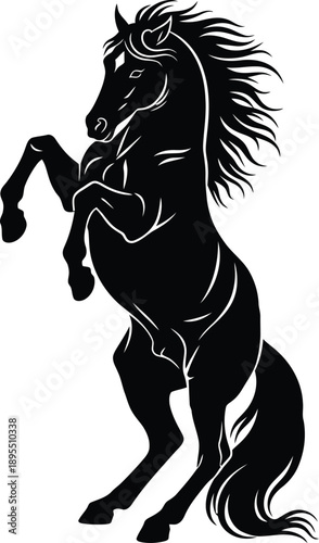 Majestic black horse rearing up on hind legs with flowing mane