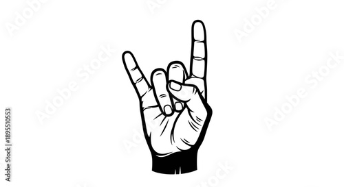 Rock On Hand Gesture Illustration Black and White.