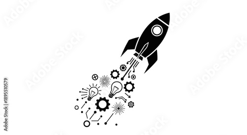 Rocket Launching with Gears and Lightbulbs Symbolizing Innovation.