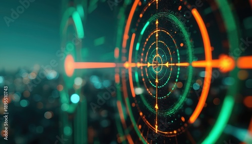 Digital radar screen with concentric circles and target markers displays city lights at night. Futuristic tech interface tracks objects with glowing lines and data points.