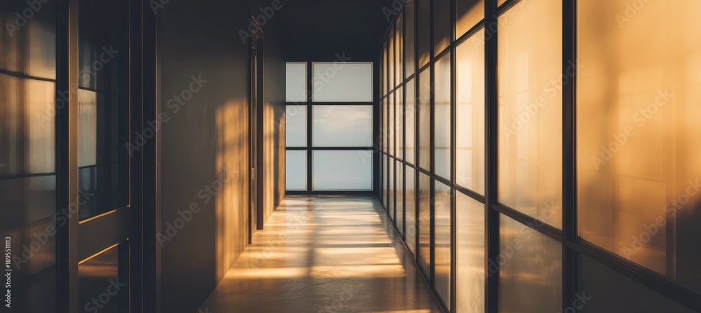 Obraz premium Corridor with glass and steel panels, cool tones, access gate, shadow effect