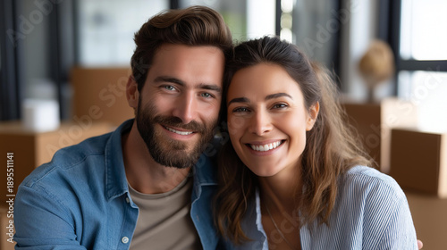 Happy newlyweds relocating to new apartment space, defocused moving scene, property ownership, residential transition, home purchase celebration, lifestyle change, domestic beginning, relationship