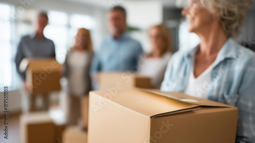Defocused family members unpacking cardboard containers in new residential space, relocation process, home ownership achievement, moving day celebration, property purchase completion, fresh start,