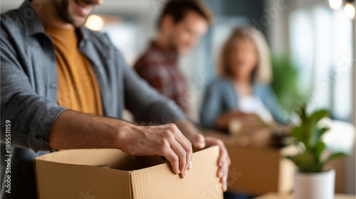 Defocused family members unpacking cardboard containers in new residential space, relocation process, home ownership achievement, moving day celebration, property purchase completion, fresh start,