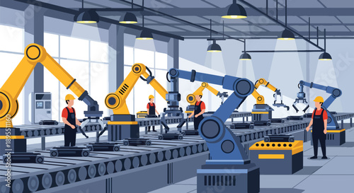 Modern vector illustration of a manufacturing factory with assembly lines, robotic arms, and safety workers, representing automation, productivity, and industrial efficiency