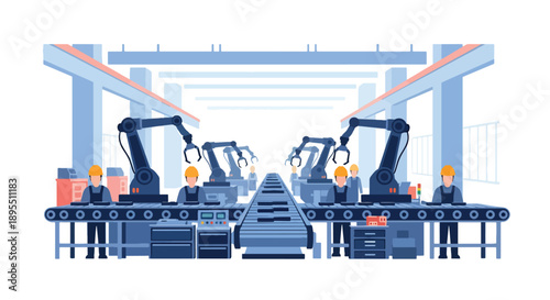 Modern vector illustration of a manufacturing factory with assembly lines, robotic arms, and safety workers, representing automation, productivity, and industrial efficiency
