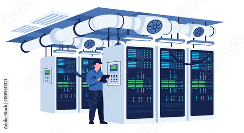 Modern vector illustration of data center with server racks and technicians, showing digital infrastructure, cloud computing, and secure information systems