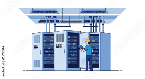 Modern vector illustration of data center with server racks and technicians, showing digital infrastructure, cloud computing, and secure information systems