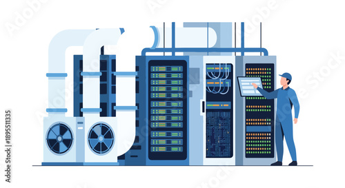Modern vector illustration of data center with server racks and technicians, showing digital infrastructure, cloud computing, and secure information systems