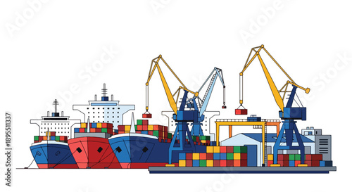 Modern vector illustration of shipyard and cargo port with cranes and containers, illustrating global trade, maritime logistics, and export operations