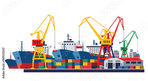 Modern vector illustration of shipyard and cargo port with cranes and containers, illustrating global trade, maritime logistics, and export operations