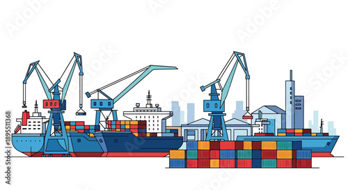 Modern vector illustration of shipyard and cargo port with cranes and containers, illustrating global trade, maritime logistics, and export operations