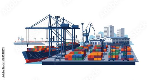 Modern vector illustration of shipyard and cargo port with cranes and containers, illustrating global trade, maritime logistics, and export operations