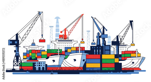 Modern vector illustration of shipyard and cargo port with cranes and containers, illustrating global trade, maritime logistics, and export operations