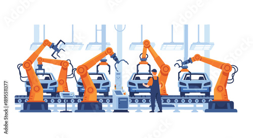 Modern vector illustration of automotive factory with robotic arms and workers assembling vehicles, showing smart manufacturing and quality production systems