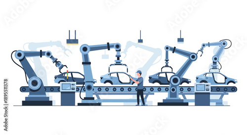 Modern vector illustration of automotive factory with robotic arms and workers assembling vehicles, showing smart manufacturing and quality production systems