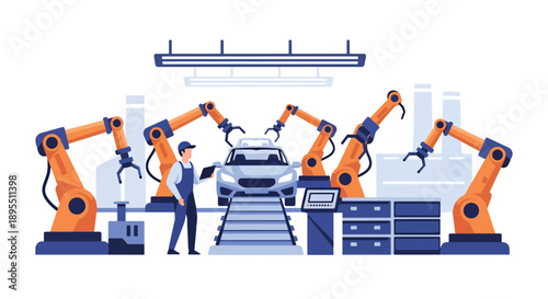 Modern vector illustration of automotive factory with robotic arms and workers assembling vehicles, showing smart manufacturing and quality production systems