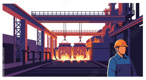 Modern vector illustration of steel mill with furnaces and cranes, highlighting metal production, heavy industry, and manufacturing power