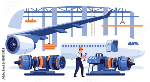 Modern vector illustration of aerospace hangar with technicians assembling aircraft parts, representing aviation engineering and high-precision industry