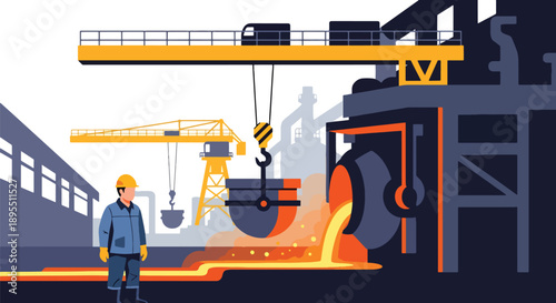 Modern vector illustration of steel mill with furnaces and cranes, highlighting metal production, heavy industry, and manufacturing power