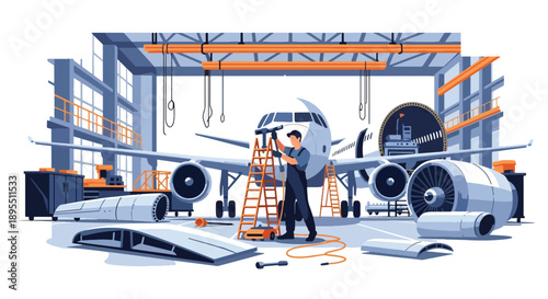 Modern vector illustration of aerospace hangar with technicians assembling aircraft parts, representing aviation engineering and high-precision industry