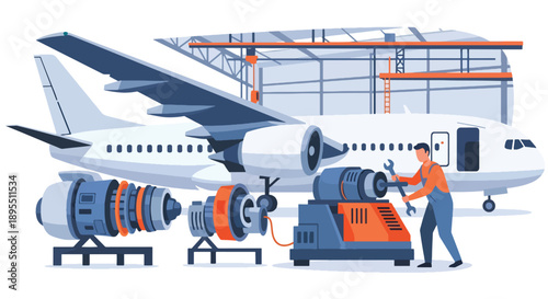 Modern vector illustration of aerospace hangar with technicians assembling aircraft parts, representing aviation engineering and high-precision industry